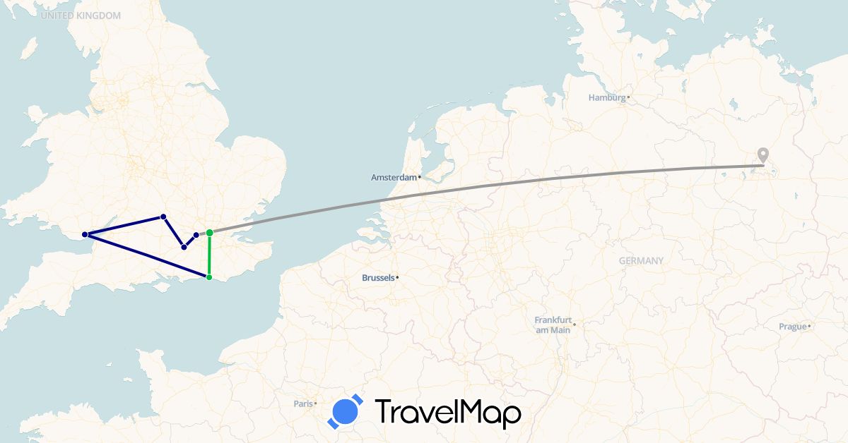 TravelMap itinerary: driving, bus, plane in Germany, United Kingdom (Europe)